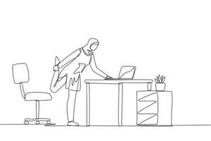 Continuous one line drawing Arab woman standing with one leg raised and her hand typing on a laptop. Taking time to stretch legs in the midst of busy work. Single line draw design illustration vector