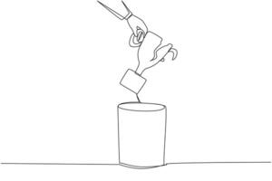 Continuous one line drawing businessman's hand throwing away broken trophy. Past glories can only be remembered. Make it a motivation to be better. Cracked. Single line draw design illustration vector