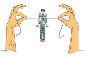 Single one line drawing businessman standing and tied by a rope held by 2 giant hands. Debt is increasing. No income. Business destroyed. Bankrupt. Failed. Continuous line design graphic illustration vector