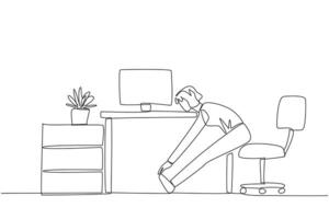 Continuous one line drawing woman sits in work chair with legs straightened, hands hold it. Stretching is necessary to avoid stress. Overtime on weekend. Single line draw design illustration vector