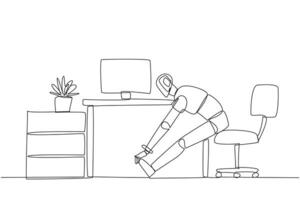 Single continuous line drawing robot sits in work chair with his legs straightened, hands hold legs. Feasibility trial. Algorithm improvements. Future technology. One line design illustration vector