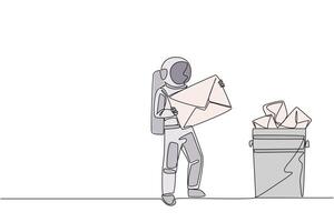 Continuous one line drawing astronaut throw large envelope in the trash. Avoid continuous incoming email attacks. Deleting. Space man cosmic galaxy concept. Single line draw design illustration vector