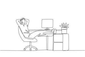 Continuous one line drawing Arab man sits in work chair with his hands behind head and his legs raised on work desk. Relax. Ready to meet the next deadline. Single line draw design illustration vector