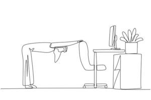Single one line drawing Arabian man bowed while holding his hand on his work chair. Stretch the body to relieve stiffness. Working overtime on the weekend. Continuous line design graphic illustration vector