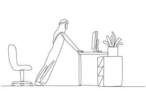 Single continuous line drawing Arabian man do push up movements by holding edge of work table. Stretching. Eliminates nervousness. Exercise at the office. Overtime. One line design illustration vector