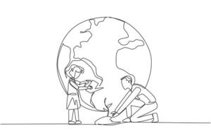Continuous one line drawing girl standing watering the plants. Teaching environmental care from an early age. World environment day. Earth day. Protect. Single line draw design illustration vector