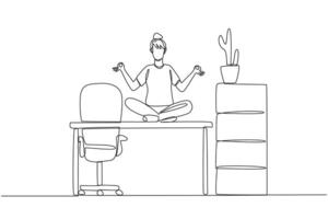 Single one line drawing woman sitting cross-legged on a work desk. Doing yoga movements at the office. For peace and quiet thinking. Overtime on weekend. Continuous line design graphic illustration vector