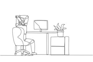 Continuous one line drawing robot sitting in a work chair warming up his hands above his head. Stretching. Training artificial intelligence. Future tech. Single line draw design illustration vector