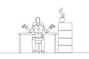 Single one line drawing robot sitting in a work chair with his fingers rounded. Robots need a sense of calm. Improving programmed artificial intelligence. Continuous line design graphic illustration vector