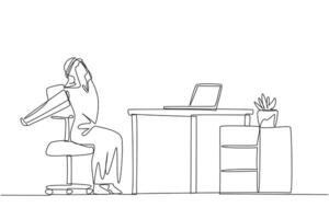 Single continuous line drawing Arab man sitting in work chair stretching arms behind back. Stretching. Squirming. Decided to rest for a while. Overtime on weekend. One line design illustration vector