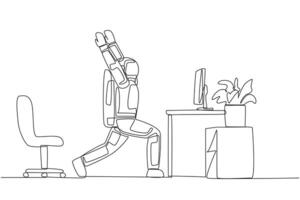 Single continuous line drawing astronaut stands with both hands raised and legs stretched. Stretching. Practicing breathing. Cosmonauts must remain calm. Spaceman. One line design illustration vector