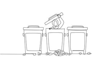 Single continuous line drawing Arabian businesswoman peeking out of trash can, there were lots of wads of paper. Failure in managing business. Stress. Frustrated. One line design illustration vector