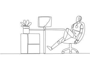 Continuous one line drawing robot sits in work chair with one of legs raised and folded. Robot relax. Its artificial intelligence is human-like. Future AI. Single line draw design illustration vector