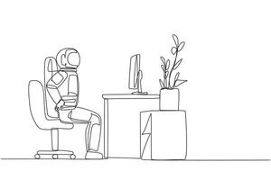 Continuous one line drawing astronaut sitting in a work chair with hands holding his waist. Stretching the waist. Nervousness makes it feel stiff. Spaceman. Single line draw design illustration vector