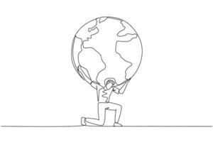 Single continuous line drawing a man kneels while cradling a globe. Alone it will be difficult to look after the earth. An invitation to preserve nature. Earth day. One line design illustration vector