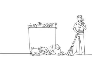 Continuous one line drawing trash woman cleans rubbish by sweeping it into a pile of rubbish. Cleaners who are passionate about keeping environment clean. Single line draw design illustration vector