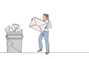 Single continuous line drawing businesswoman throw the large envelope in the trash. Delete many messages. Meet storage quota. Avoid spam. Clean digital memory. One line design illustration vector
