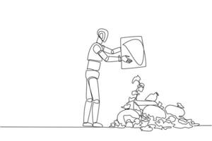 Single continuous line drawing robot throws rubbish into rubbish pile. Environmental care. Robot cares about cleanliness. Artificial intelligence. Future tech. One line design illustration vector