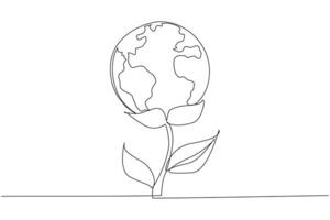 Continuous one line drawing a plant with a globe at the end. World environmental day. Save the world. Save the planet. Many trees lack pollution. Planting. Single line draw design illustration vector
