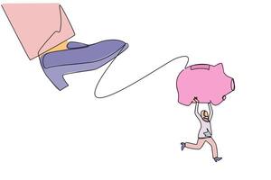 Continuous one line drawing Arabian businesswoman carrying piggy bank run away from giant foot. Avoids much more serious problems. Saving assets. Struggle. Single line draw design illustration vector