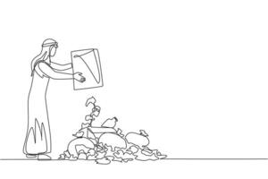 Continuous one line drawing Arabian man throws rubbish into rubbish pile. Environmental care. It is best to dispose of waste at the final disposal site. Single line draw design illustration vector