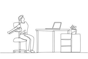 Continuous one line drawing woman sitting in work chair stretching arms behind back. Avoid sprains. Stretch to work smoothly. Overtime on the weekend. Single line draw design illustration vector
