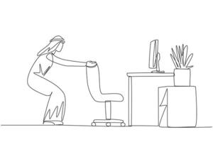 Single one line drawing Arab man stands with a slight bend and both hands hold the top of chair. Stretch for a moment to get rid of sleepiness. Overtime. Continuous line design graphic illustration vector