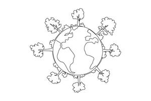 Single one line drawing globe with forest. Beautiful environment. Produces lot of oxygen. Natural food sources are available everywhere. Protect the earth. Continuous line design graphic illustration vector