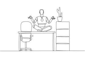 Single continuous line drawing smart robot sitting cross-legged on a work desk. Artificial intelligence makes people behave like humans. Relaxing yoga. Future tech. One line design illustration vector