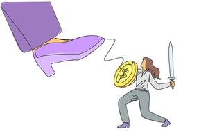Single continuous line drawing businesswoman tries to ward off the giant foot that wants to step on her. Fighting arch enemies to gain profits. Preventive measure. One line design illustration vector