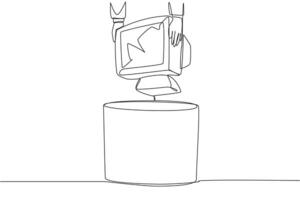 Continuous one line drawing businessman's hand throws away tube monitor whose screen is cracked. Outdated technology. Poor color gradation. Useless things. Single line draw design illustration vector