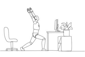Continuous one line drawing robot stands with both hands raised and legs stretched. Robots increase the level of flexibility. Artificial intelligence. AI. Single line draw design illustration vector