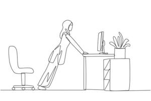Single one line drawing Arabian woman do push up movements by holding edge of work table. Exercise for while to get rid of drowsiness. Overtime on weekend. Continuous line design graphic illustration vector