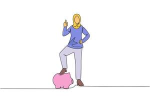 Single continuous line drawing Arab businesswoman with thumbs up pose and steps on piggy bank. Invitation to insure assets in the form of investments. Better life. One line design illustration vector