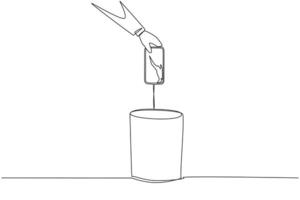 Single continuous line drawing businessman's hand throwing away a smartphone a cracked screen. Very disturbing to eyesight. Cannot provide an objective assessment. One line design illustration vector