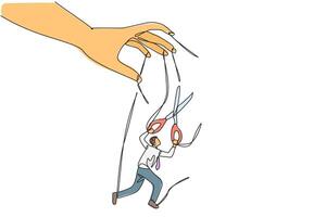 Single continuous line drawing the walking businessman moved by ropes controlled by giant hands. Trying to untie knot with scissors. Escape. Freedom in business. One line design illustration vector