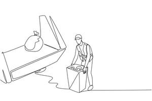 Single continuous line drawing trash man is preparing to lift the trash can into the back of the dump truck. Work with dedication. To keep the environment clean. One line design illustration vector