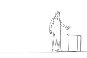 Continuous one line drawing Arabian man throw used plastic bottles into overflowing trash cans. Environmental. How to properly dispose of recyclable waste. Single line draw design illustration vector