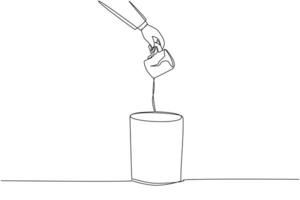 Single continuous line drawing businessman's hand throws away broken mug. businessman's hand throws away broken mug. Can not be used. Drinking water will seep out. One line design illustration vector