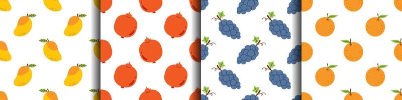 set of seamless patterns with tropical fruits and berries. Pomegranates, oranges, mango and grape. Exotic fruits on white background. Summer prints with fruits. Wrapping design collection. vector