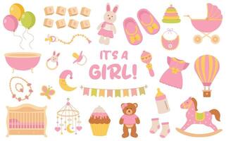 Baby shower. It's a girl. Set for party, invitation, greeting card, web banner, social media. vector