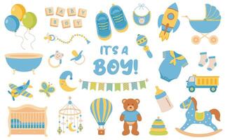 Baby shower. It's a boy. Set for party, invitation, greeting card, web banner, social media. vector