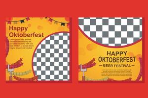 Oktoberfest square social media post collection template. elements of grilled sausage, wheat and beer, blue and white checkered flag. and retro style design elements vector