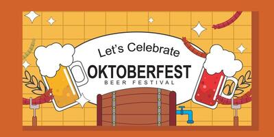 Oktoberfest square social media post collection template. elements of grilled sausage, wheat and beer, blue and white checkered flag. and retro style design elements vector
