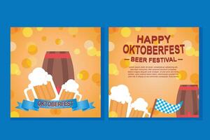 Oktoberfest square social media post collection template. elements of grilled sausage, wheat and beer, blue and white checkered flag. and retro style design elements vector