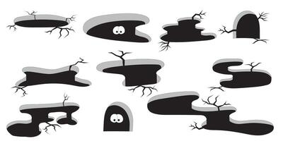 Cleft in the ground and a hole in the floor. Hole with cracks and eyes in the ground vector