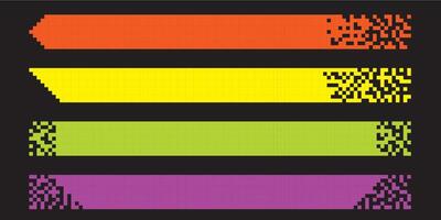 Pixel banner. Header, footer color layout with mosaic edges. Horizontal title tags with pixels. Labels pixelated decoration advertising elements. Rectangular dotted shapes isolated set vector