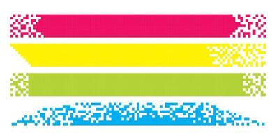 Pixel banner. Header, footer color layout with mosaic edges. Horizontal title tags with pixels. Labels pixelated decoration advertising elements. Rectangular dotted shapes isolated set vector