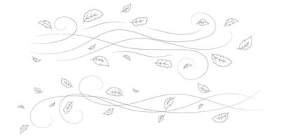 Doodle autumn leaves flying in the wind. Falling season outline backdrop, air flow leaves wave linear pattern or wind blowing doodle print. Autumn windy weather hand drawn monochrome background vector