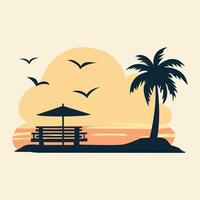 A beach scene with a bench and palm tree vector
